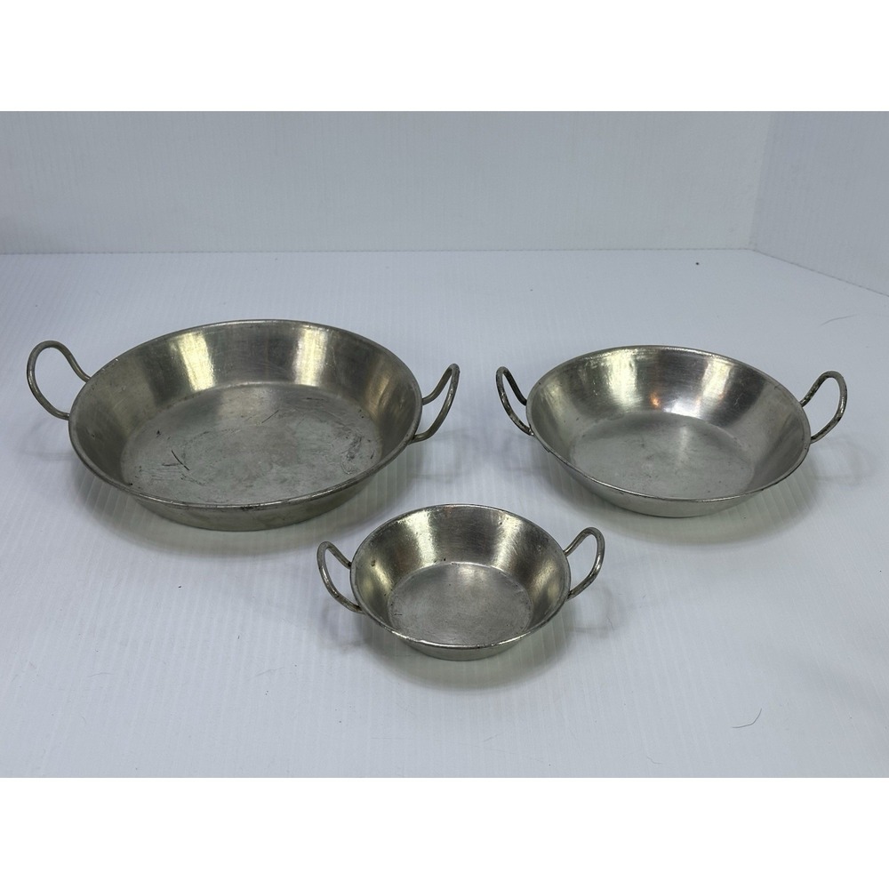 3 Vintage‎ Tin Lined Augratin Pans Riveted Handles France 10 16 20